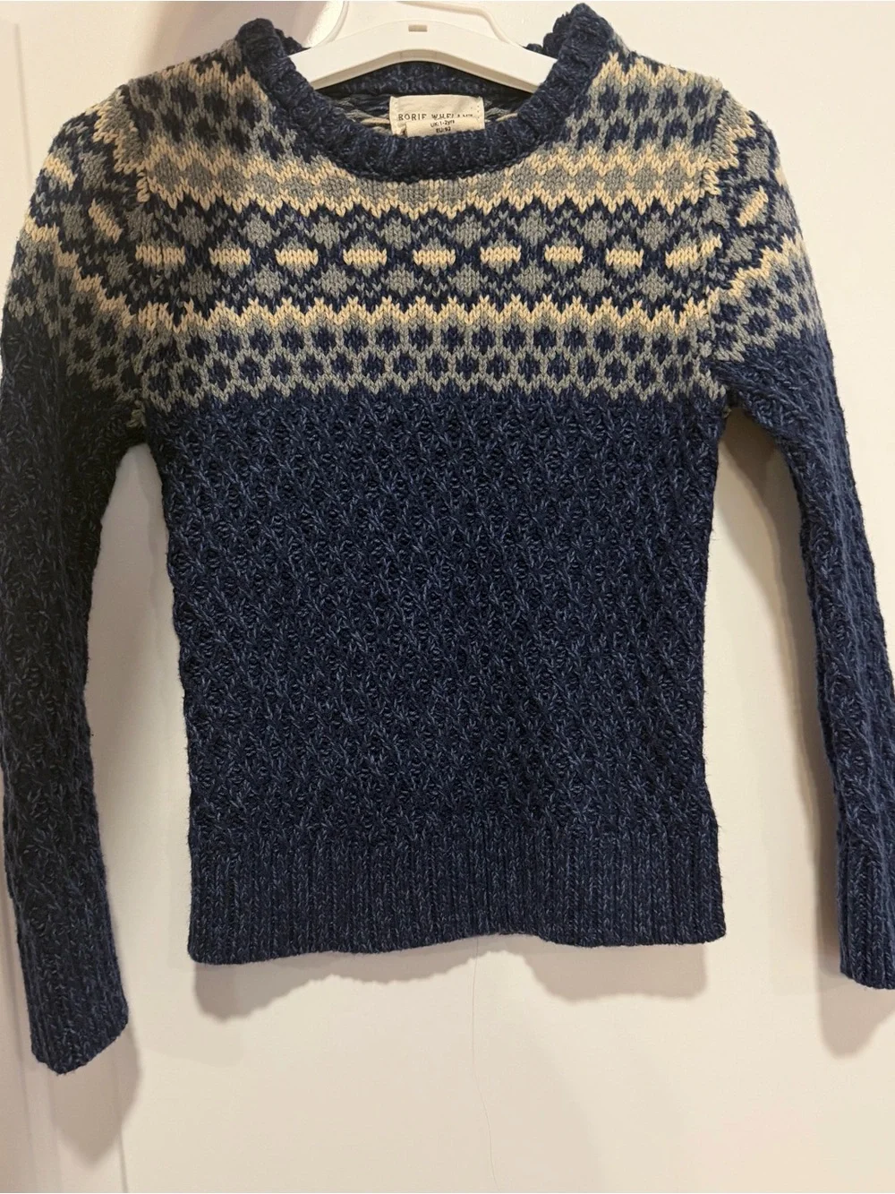 Kids Blue Fair Isle Crewneck Sweater by Rorie Whelan.